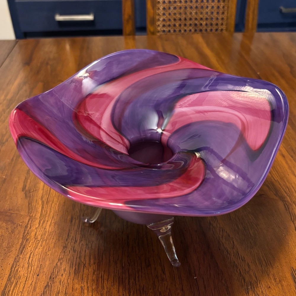 Vintage Purple Magenta Swirl Handblown Art Glass Tripod Footed Bowl Signed